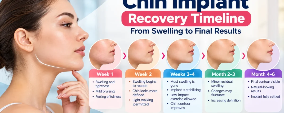 Chin implant recovery timeline showing swelling reduction and final results from week 1 to month 6