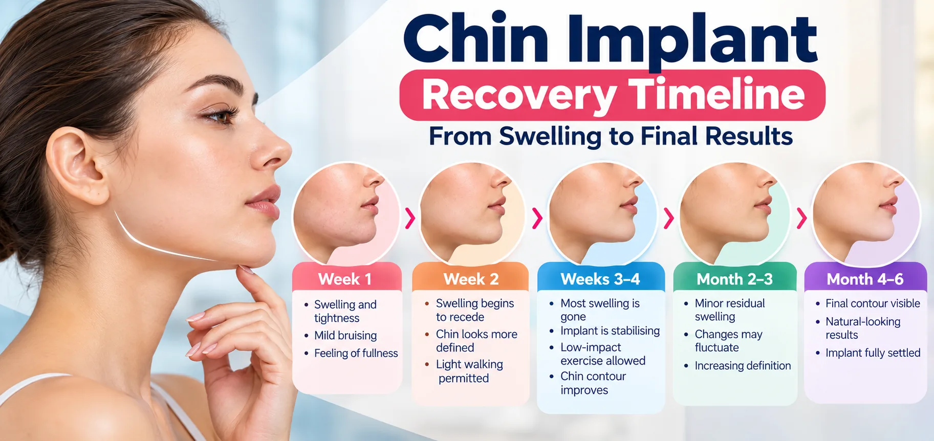 Chin implant recovery timeline showing swelling reduction and final results from week 1 to month 6