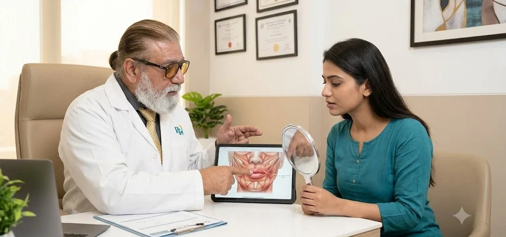 Doctor assessing uneven lips during a lip asymmetry consultation in Navi Mumbai