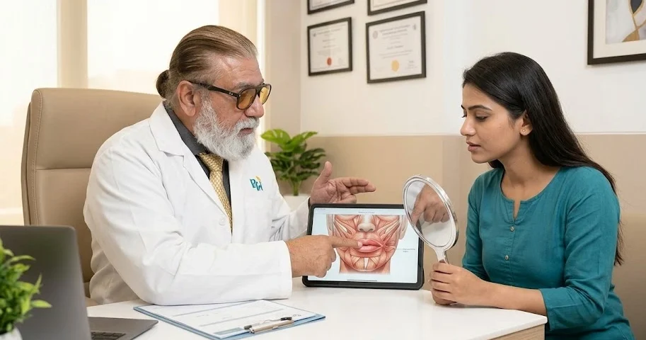 Doctor assessing uneven lips during a lip asymmetry consultation in Navi Mumbai