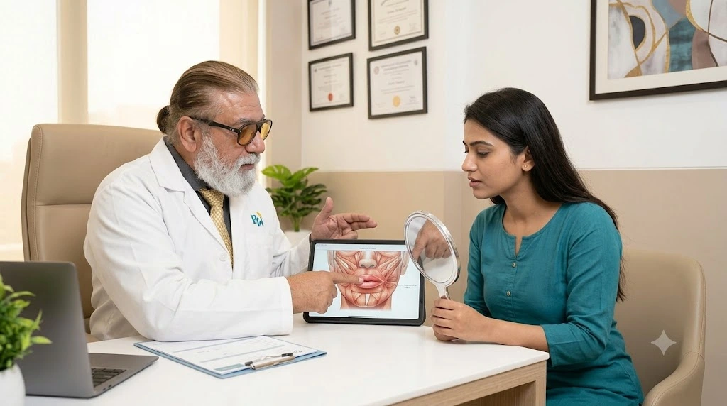 Doctor assessing uneven lips during a lip asymmetry consultation in Navi Mumbai