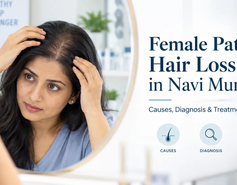 Female pattern hair loss in Navi Mumbai showing a woman checking thinning hair and widening part.