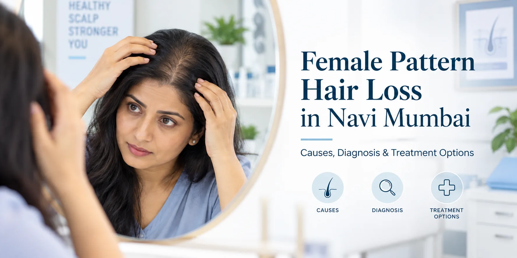 Female pattern hair loss in Navi Mumbai showing a woman checking thinning hair and widening part.