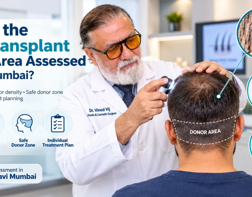 Dr. Vinod Vij assessing the hair transplant donor area, donor hair density and safe donor zone in Navi Mumbai.