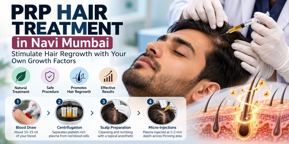 PRP hair treatment in Navi Mumbai showing scalp injections, platelet-rich plasma procedure steps, and hair follicle stimulation.