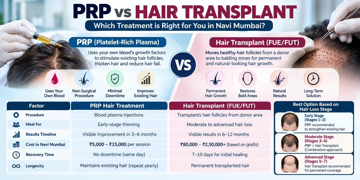 PRP vs hair transplant comparison in Navi Mumbai showing treatment procedure, ideal hair loss stage, results timeline, recovery, cost, and longevity.